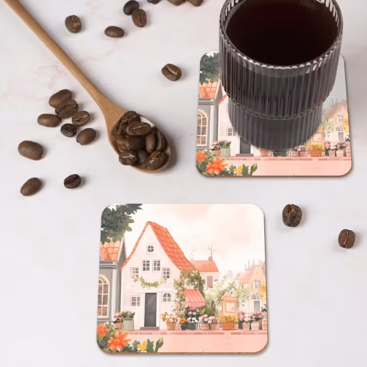 Bloemen - Huizen - Dorp onderzetter kurk middel -sfeer2