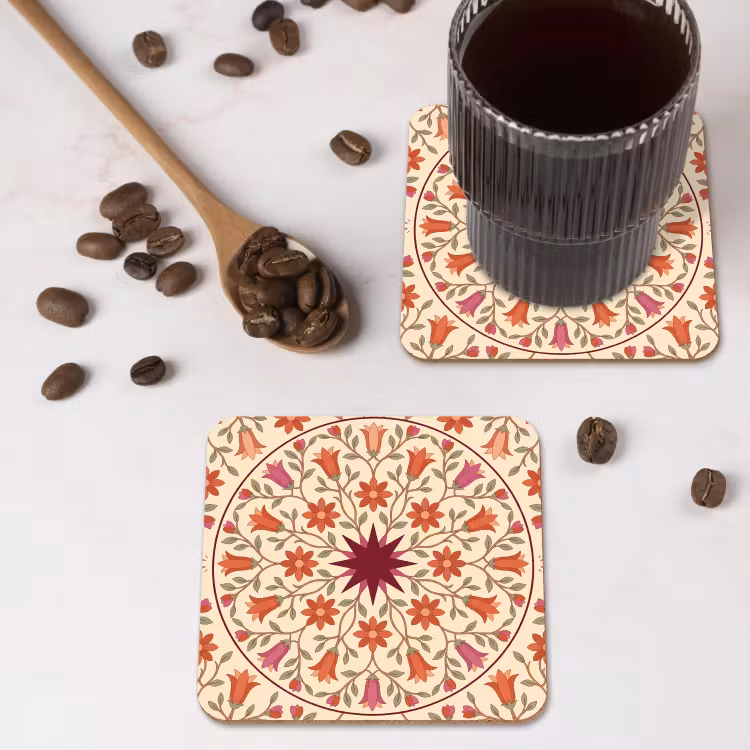 Bloemen - Mandala - Decoratief - Rood onderzetter kurk middel -sfeer2