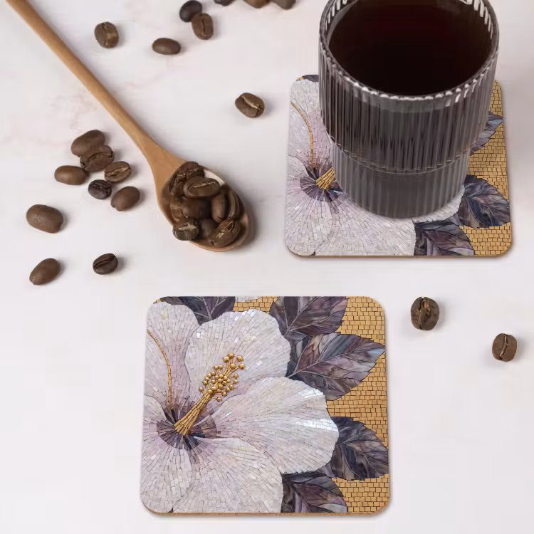 Bloemen - Mozaïek - Kunst - Modern - Goud onderzetter kurk middel -sfeer2