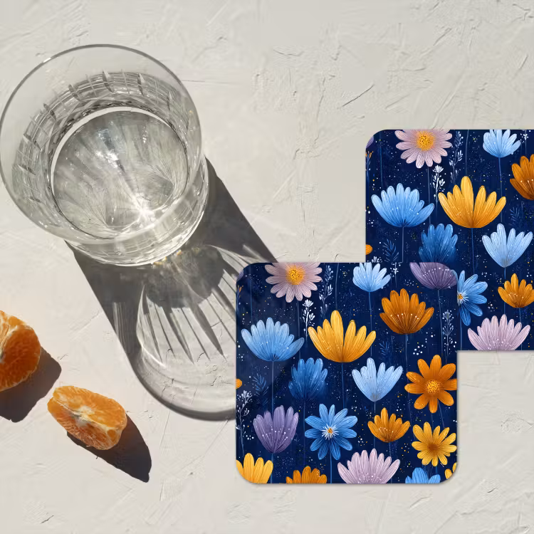 Bloemen - Patroon - Blauw - Contrast onderzetter kurk middel -sfeer4