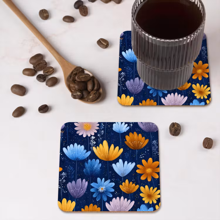 Bloemen - Patroon - Blauw - Contrast onderzetter kurk middel -sfeer2