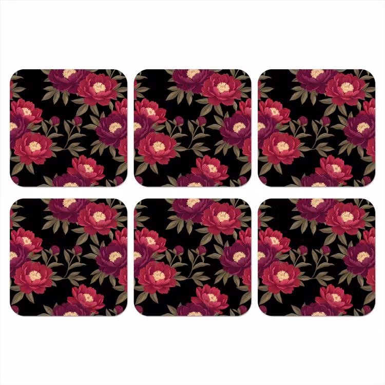 Bloemen - Patroon - Botanisch - Rood - Zwart onderzetter kurk middel -3d