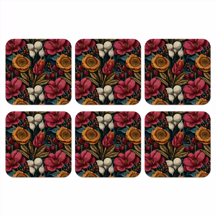 Bloemen - Patroon - Rood - Goud onderzetter kurk middel 366 -3d