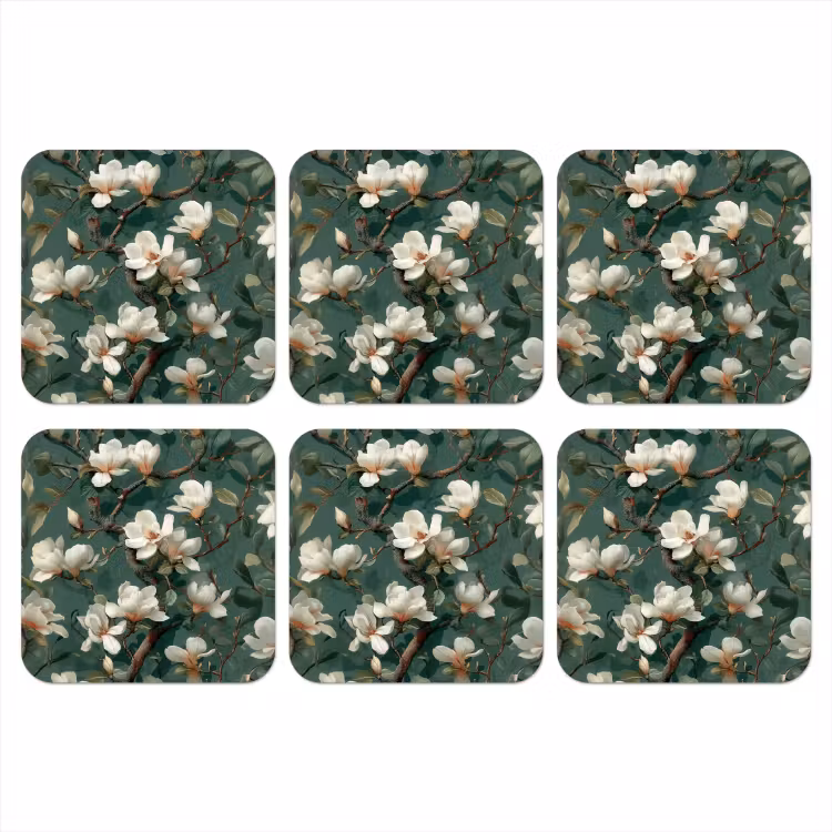 Bloemen - Takken - Wit - Klassiek onderzetter kurk middel -3d