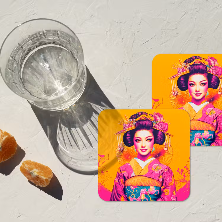 Bloemen - Vrouw - Kimono - Roze onderzetter kurk middel -sfeer4