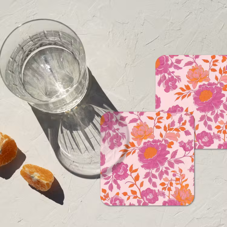 Bloemenpatroon - Roze - Oranje - Bloemen onderzetter kurk middel -sfeer4