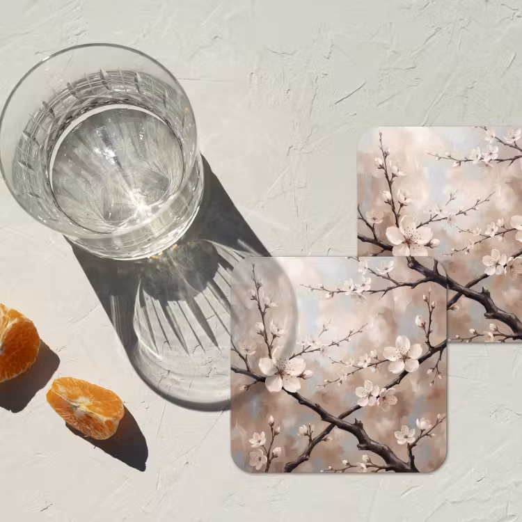 Bloesem - Takken - Schilderij - Beige - Serene onderzetter kurk middel -sfeer4