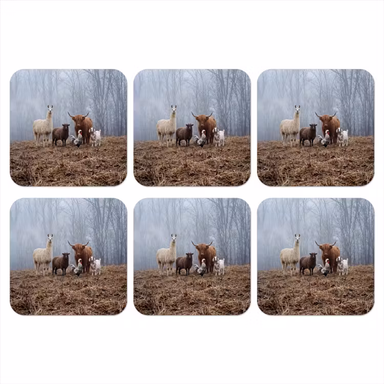 Boerderijdieren - Groep - Mist - Natuur - Rustiek onderzetter kurk middel -3d