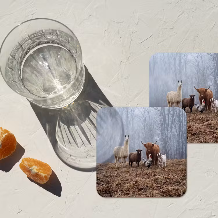Boerderijdieren - Groep - Mist - Natuur - Rustiek onderzetter kurk middel -sfeer4