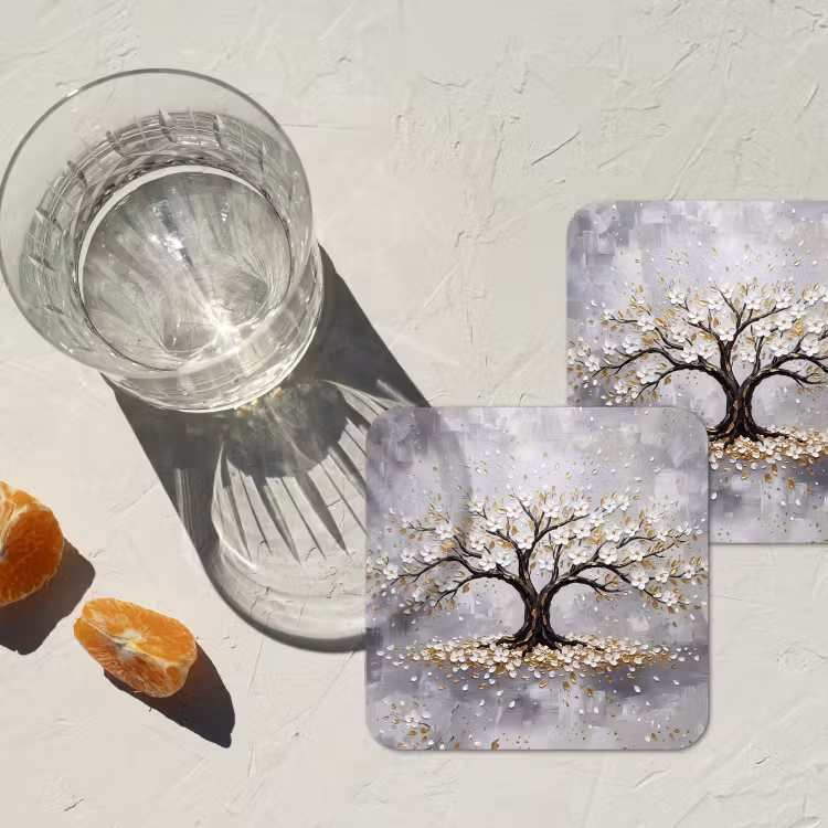 Boom - Bloemen - Natuur - Abstract - Wit onderzetter kurk middel -sfeer4
