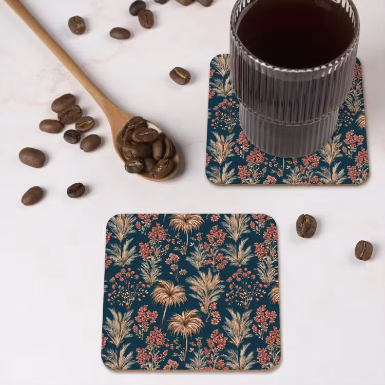 Botanisch - Patroon - Blauw onderzetter kurk middel 366 -sfeer2