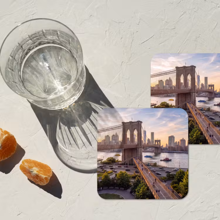 Brug - Rivier - Stad - Zonsondergang - Architectuur onderzetter kurk middel -sfeer4