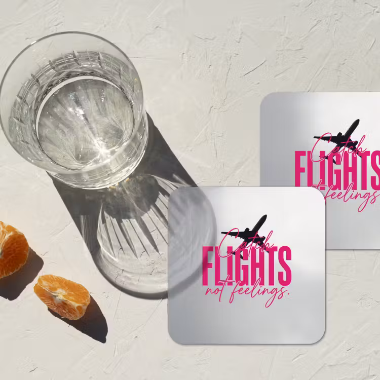 Catch flights not feelings - Vliegtuig - Roze onderzetter kurk middel -sfeer4