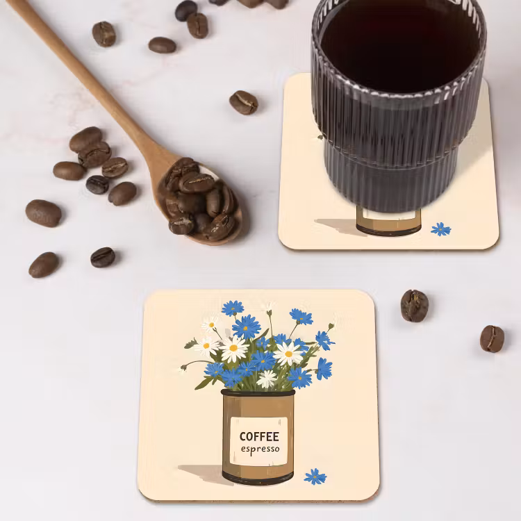 Coffee - Blik - Minimalistisch - Bloemen onderzetter kurk middel -sfeer2