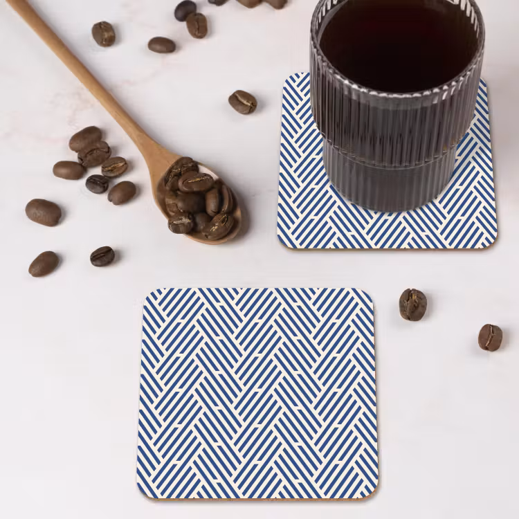 Crème - Blauw - Strepen - Patroon onderzetter kurk middel 366 -sfeer2