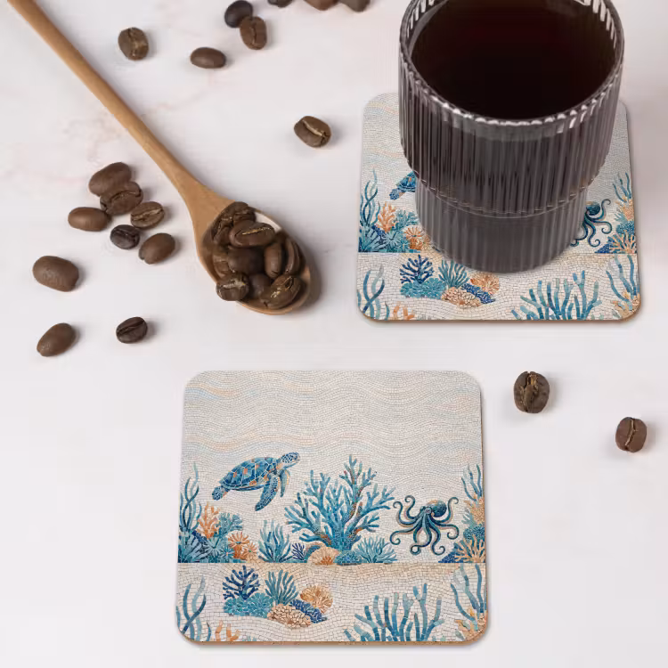 Dieren - Onderwater - Natuur - Mozaïek - Blauw onderzetter kurk middel -sfeer2