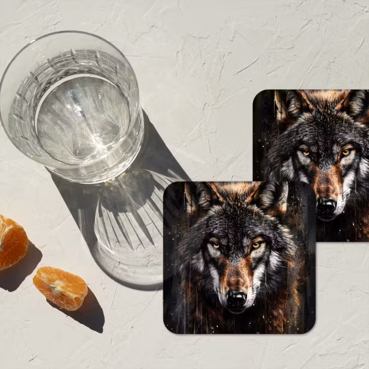 Dieren - Wolf - Portret - Zwart - Bruin onderzetter kurk middel -sfeer4