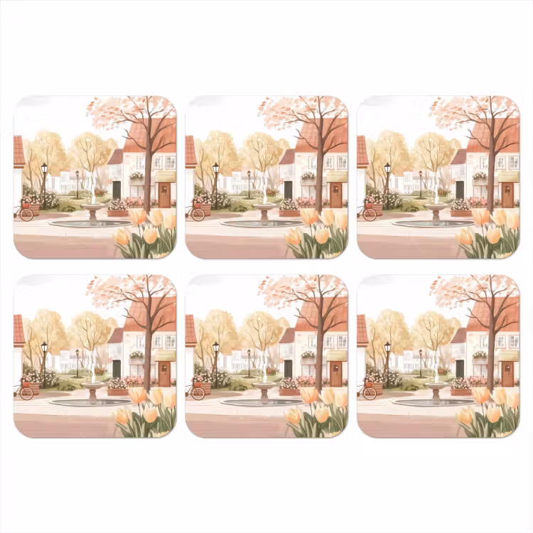 Dorpsplein - Fontein - Tulpen onderzetter kurk middel -3d