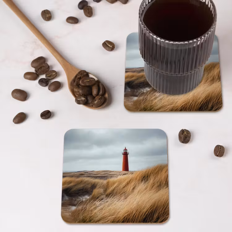 Duinen - Vuurtoren - Rood - Lucht onderzetter kurk middel -sfeer2