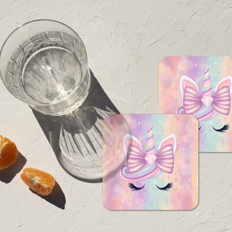 Eenhoorn - Glitters - Regenboog - Pastel onderzetter kurk middel -sfeer4