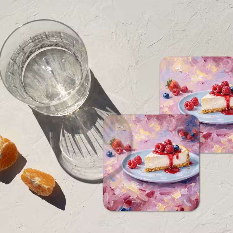 Eten - Cheesecake - Bessen - Abstract - Roze onderzetter kurk middel -sfeer4