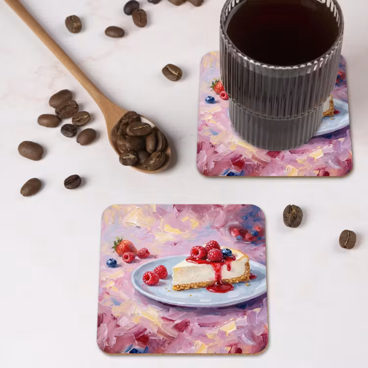 Eten - Cheesecake - Bessen - Abstract - Roze onderzetter kurk middel -sfeer2