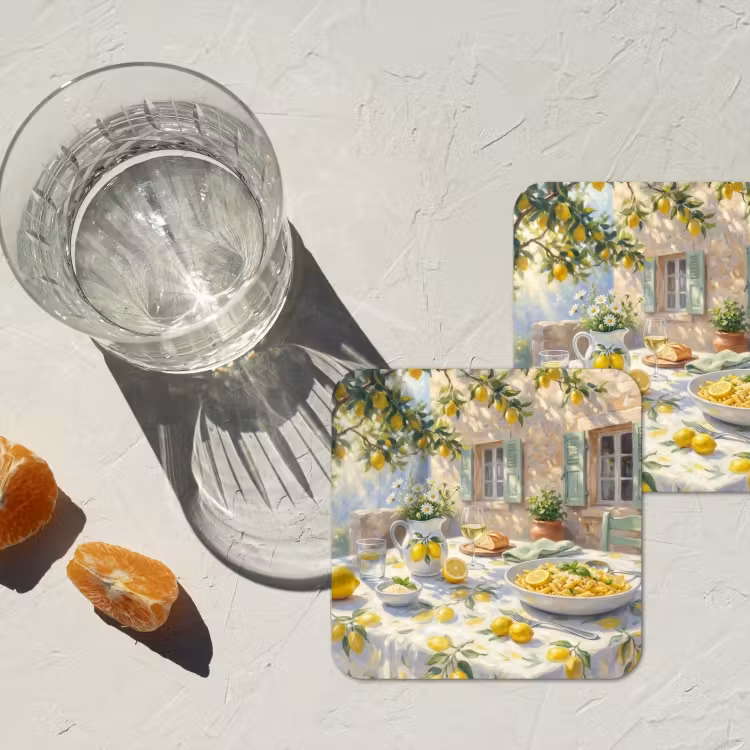 Eten - Terras - Zomer - Geschilderd - Geel onderzetter kurk middel -sfeer4