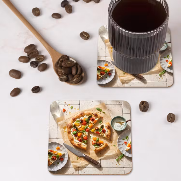 Eten - Tomaten - Basilicum - Maaltijd - Vers onderzetter kurk middel -sfeer2