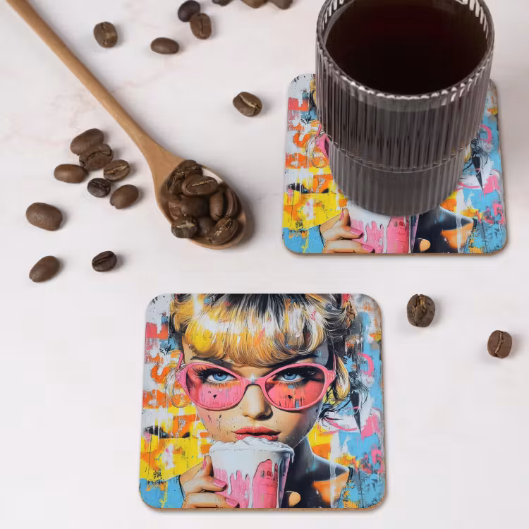 Expressief - Milkshake - Vrouw - Felle kleuren onderzetter kurk middel -sfeer2