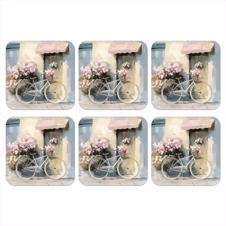 Fiets - Pastelkleuren - Bloemen onderzetter kurk middel -3d