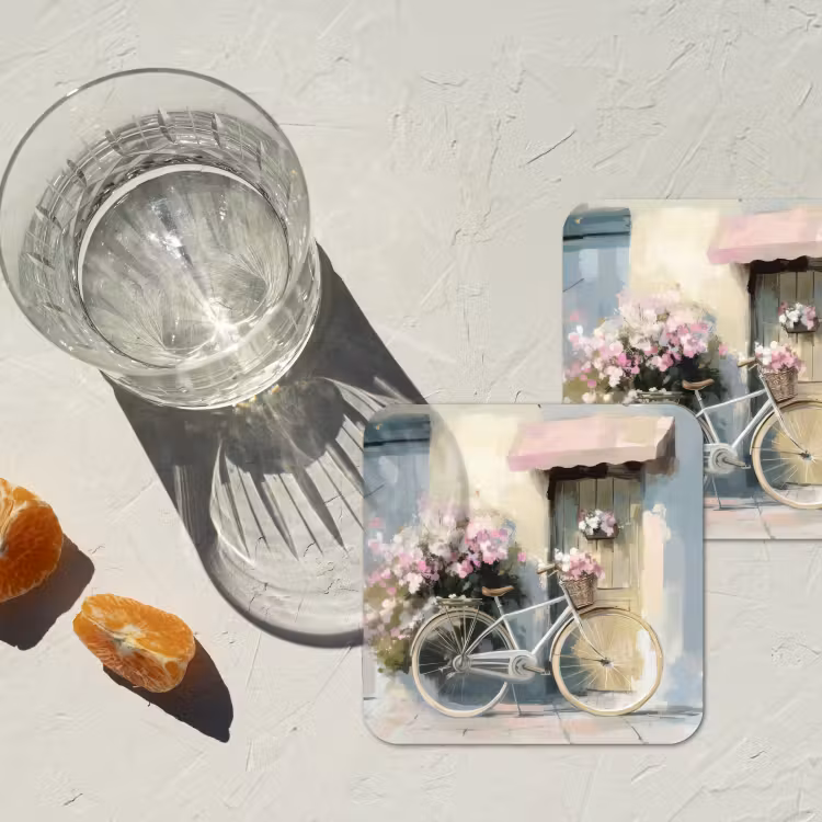 Fiets - Pastelkleuren - Bloemen onderzetter kurk middel -sfeer4
