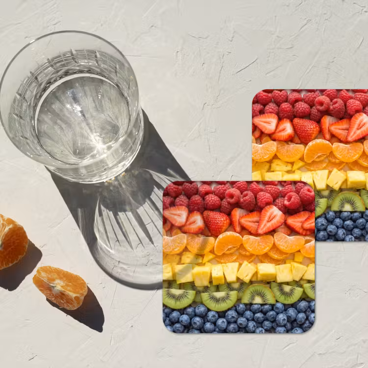 Fruit - Regenboog - Gezond - Kleurrijk onderzetter kurk middel -sfeer4