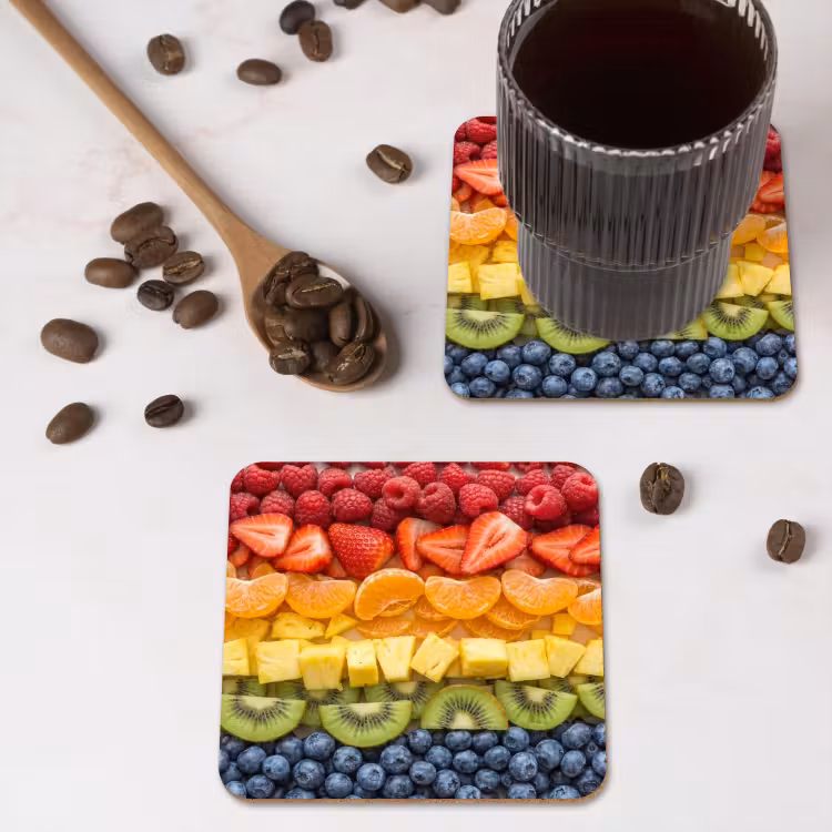 Fruit - Regenboog - Gezond - Kleurrijk onderzetter kurk middel -sfeer2