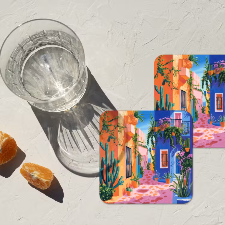 Geel - Blauw - Oranje - Huis onderzetter kurk middel -sfeer4