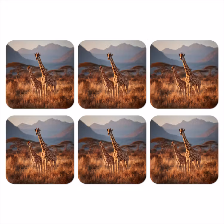 Giraffen - Hoog gras - Acaciabomen onderzetter kurk middel -3d