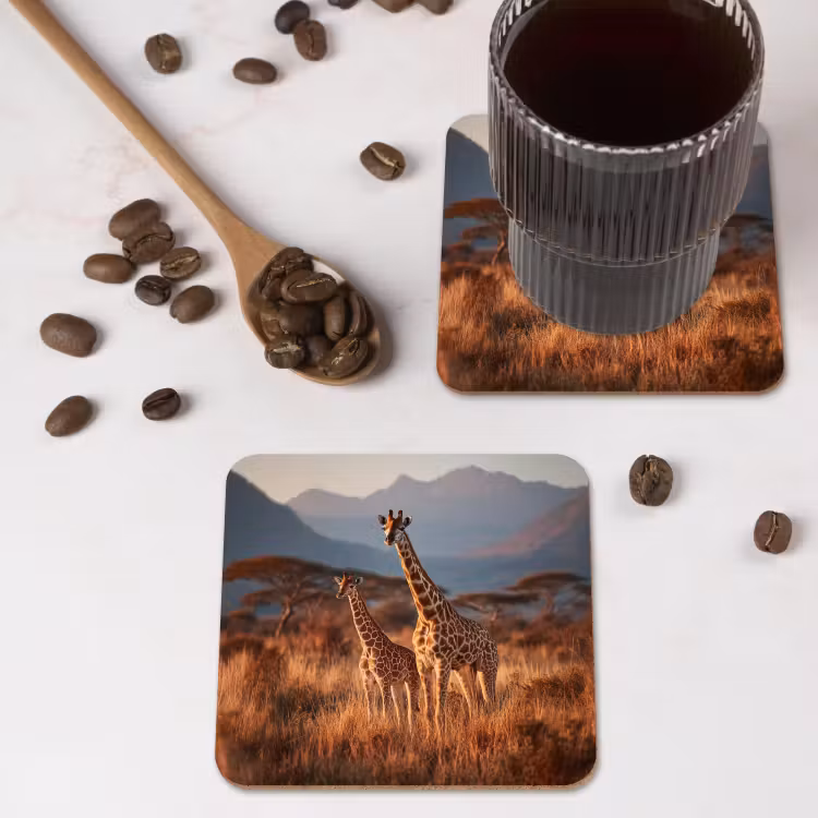 Giraffen - Hoog gras - Acaciabomen onderzetter kurk middel -sfeer2