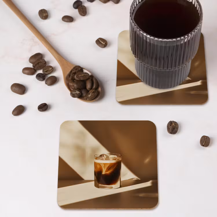 Glas - Ijskoffie - Schaduw - Bruin onderzetter kurk middel -sfeer2