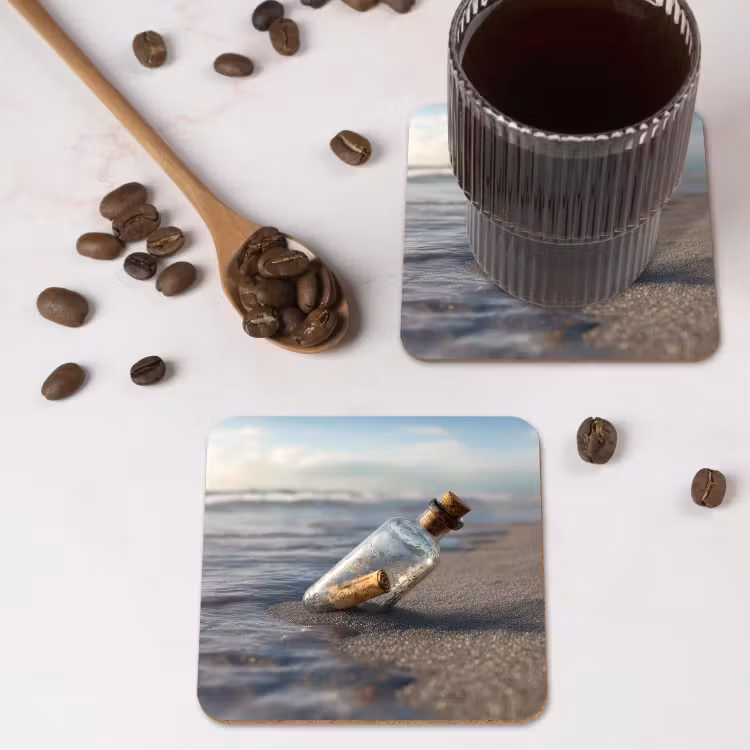 Glazenfles - Post - Zee - Zand onderzetter kurk middel -sfeer2