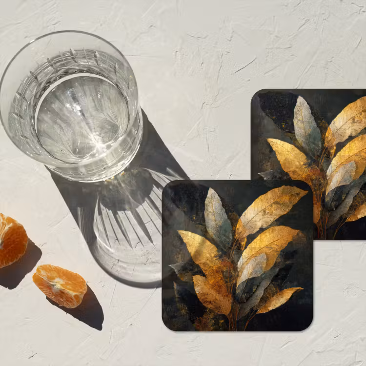 Gouden Bladcompositie â Botanische Luxe onderzetter kurk middel -sfeer4