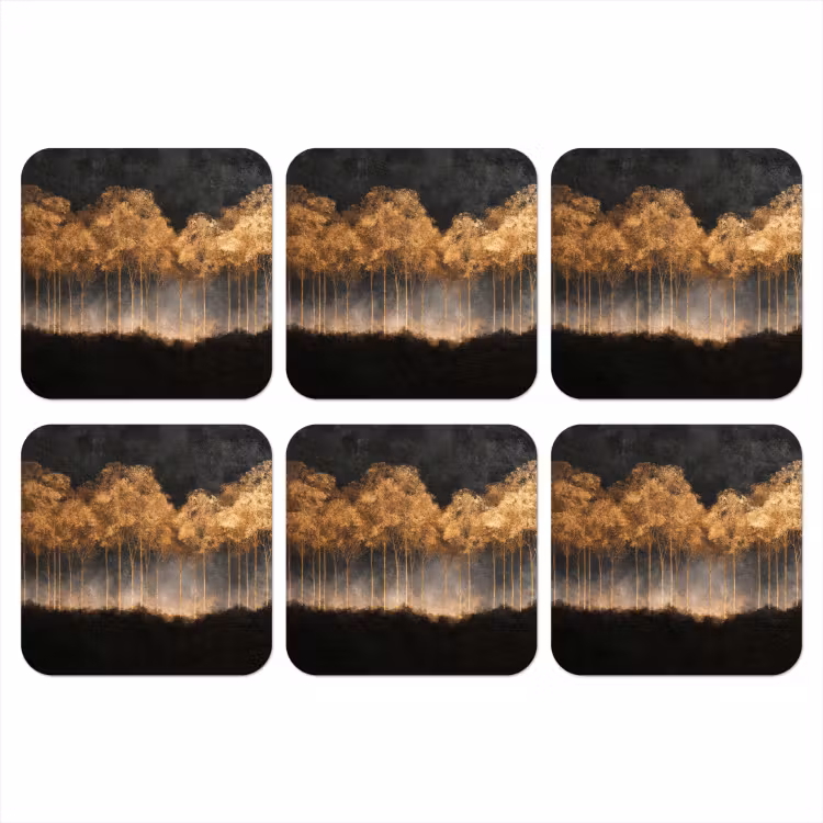 Gouden Bomen in Mistig Landschap onderzetter kurk middel -3d