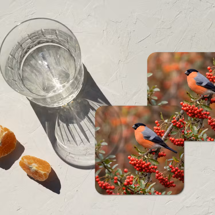 Goudvink - Bessen - Herfst - Natuur - Kleurrijk onderzetter kurk middel -sfeer4