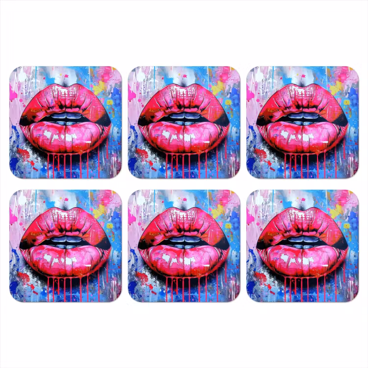 Graffiti - Lippen - Felroze - Geschilderd onderzetter kurk middel -3d