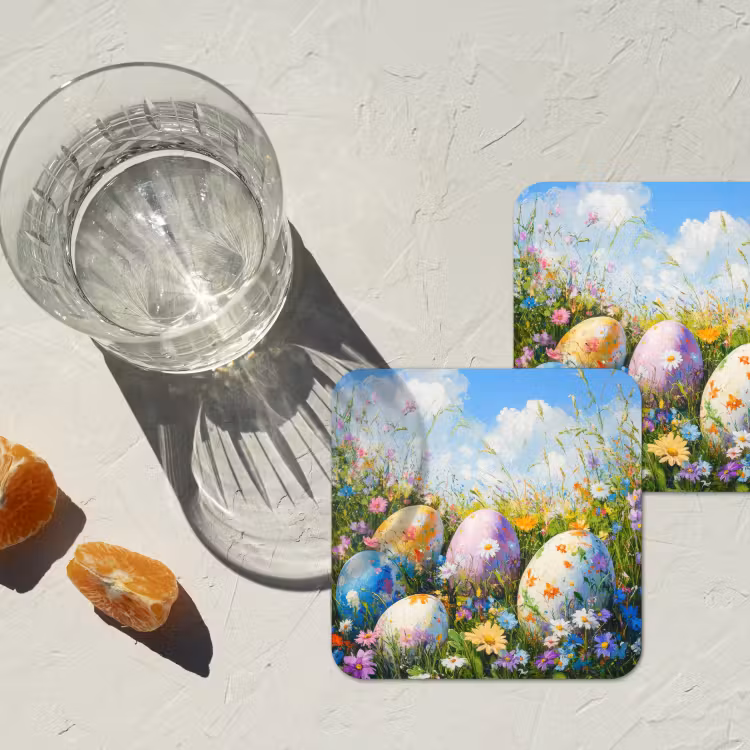 Grasveld - Eieren - Bloemen onderzetter kurk middel -sfeer4