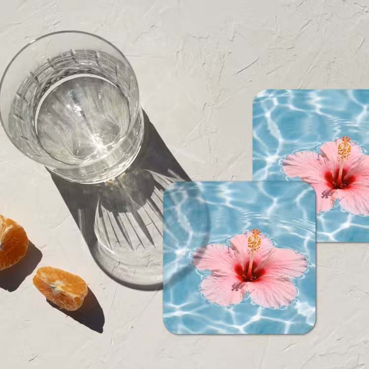 Hibiscus - Water - Roze onderzetter kurk middel -sfeer4