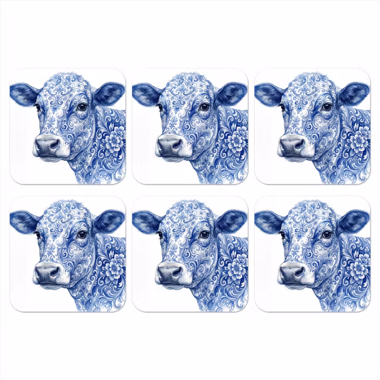 Illustratie - Koe - Blauw onderzetter kurk middel -3d
