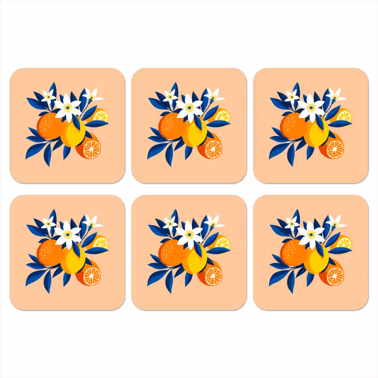 Illustratie - Sinaasappels - Donkerblauw - Bloemen onderzetter kurk middel -3d