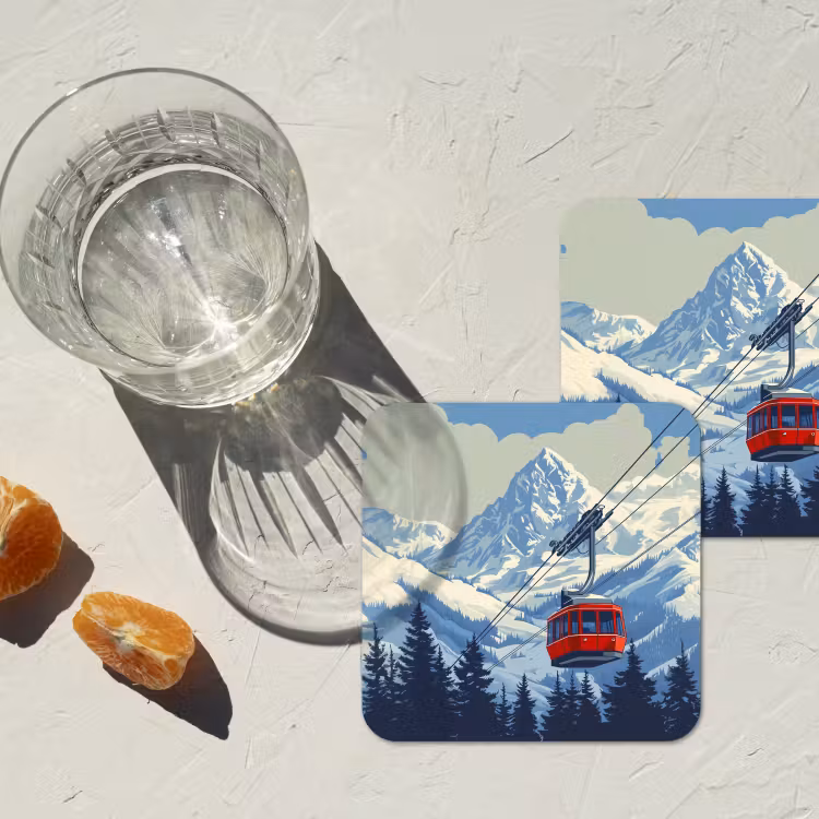 Kabelbaan - Sneeuw - Berglandschap onderzetter kurk middel -sfeer4