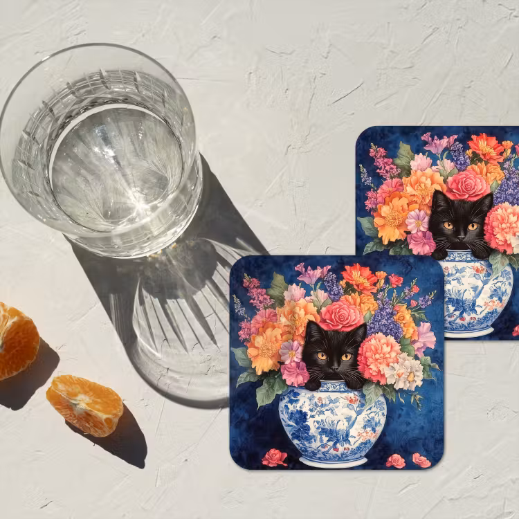Kat - Felgekleurde bloemen - Vaas onderzetter kurk middel -sfeer4