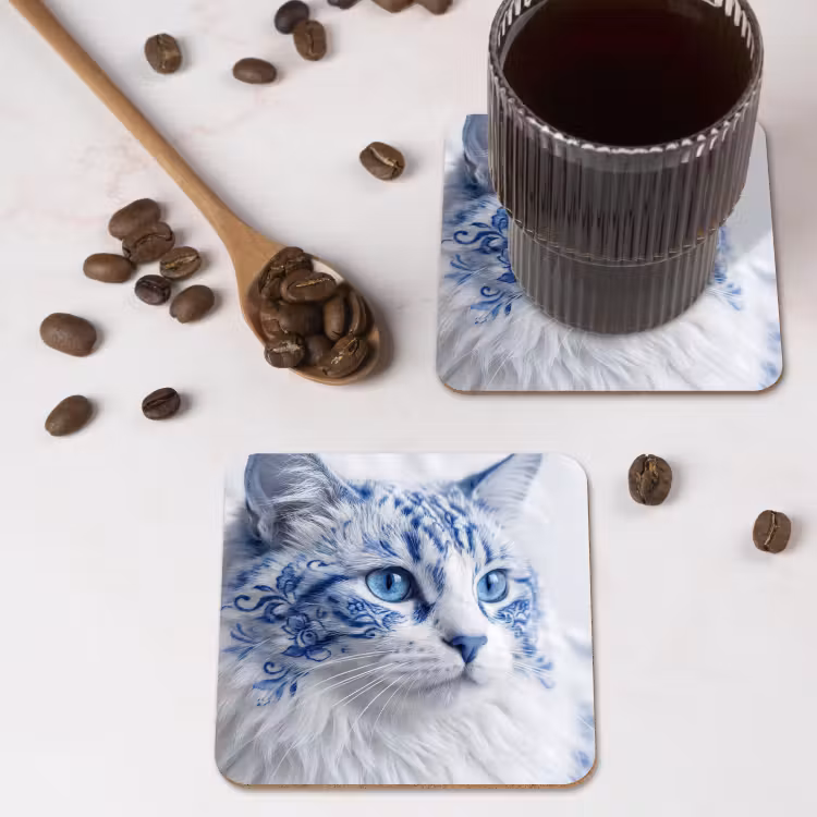 Kat - Patroon - Blauw onderzetter kurk middel -sfeer2