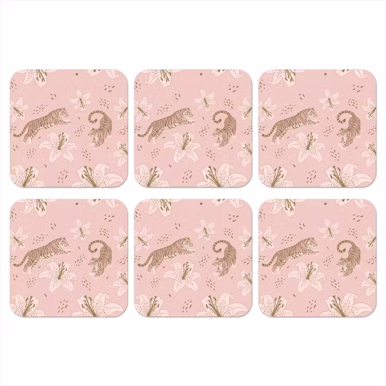 Kat - Springend - Bloemen - Abstract - Roze onderzetter kurk middel -3d